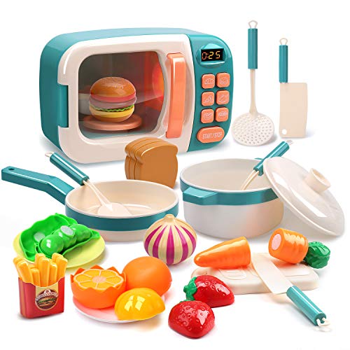 CUTE STONE Microwave Toys Kitchen Play Set,Kids Pretend Play Electronic Oven with Play Food,Cookware Pot and Pan Toy Set, Cooking Utensils,Great Learning Gifts for Baby Toddlers Girls Boys