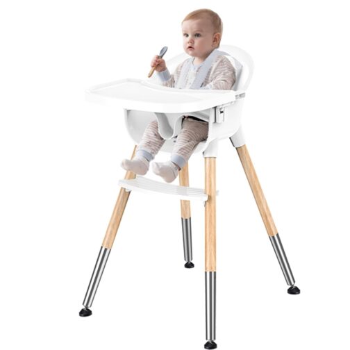 Bellababy Baby High Chair, Classic Wooden Baby High Chair for Babies & Toddlers, 5-Point Harness, Removable Tray, Ergonomic Seat Back, Easy to Assemble and clean, Lightweight, White