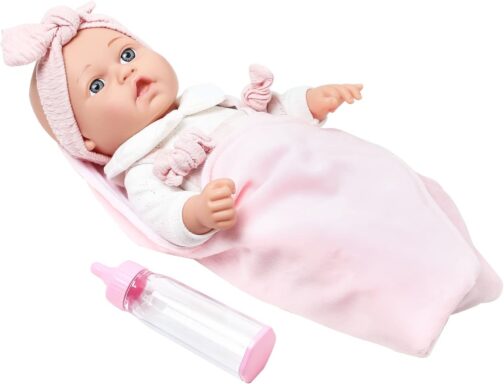 12'' Baby Doll in Gift Box with Pink Cloths, Pacifier, 13''x13'' Microfabric Blanket, and Feeding Bottle. Gift Idea for Ages 3+ - Image 4