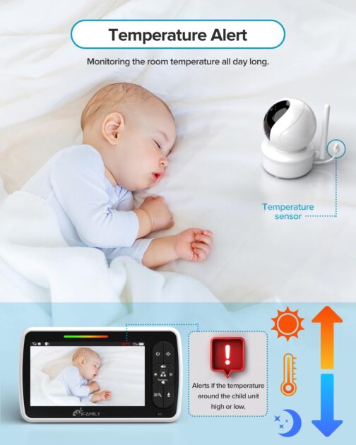 iFamily Baby Monitor with 2 Cameras and Audio - Large 5" Screen with 30Hrs Battery Life - Remote Pan-Tilt-Zoom,No WiFi, Two-Way Audio, Night Vision, Temperature, Lullabies, 960ft Long Range - Image 4