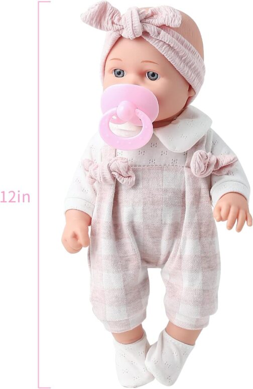 12'' Baby Doll in Gift Box with Pink Cloths, Pacifier, 13''x13'' Microfabric Blanket, and Feeding Bottle. Gift Idea for Ages 3+ - Image 6