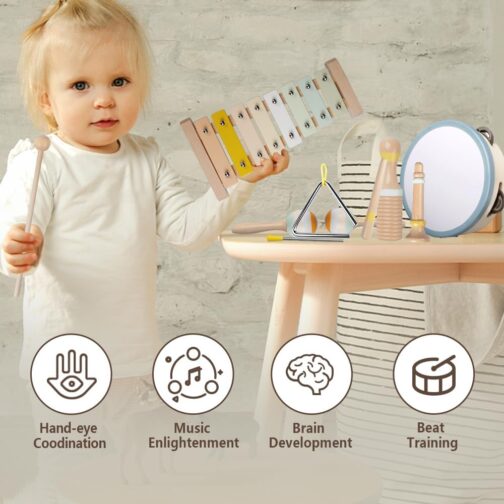 Baby Musical Instruments-Montessori Wooden Toys for Toddlers 1-3,Neutral Colors Percussion Instruments Set with Modern Boho Xylophone for Kids Preschool Educational 3+ (MIS898) - Image 3