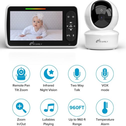 iFamily Baby Monitor - Large 5" Screen with 30Hrs Battery Life - Remote Pan-Tilt-Zoom;No WiFi, Two-Way Audio, Night Vision, Temperature, Lullabies, 960ft Long Range Baby Monitor with Camera and Audio - Image 2