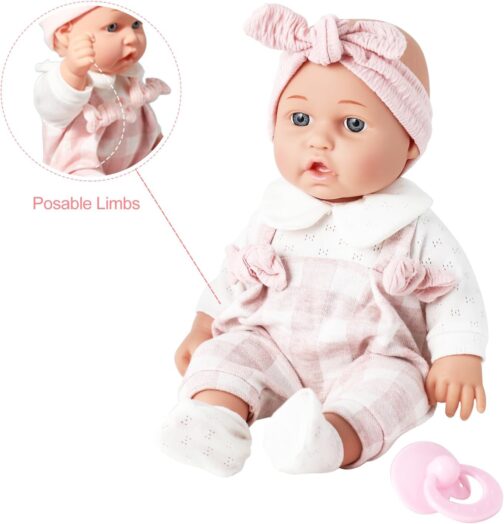 12'' Baby Doll in Gift Box with Pink Cloths, Pacifier, 13''x13'' Microfabric Blanket, and Feeding Bottle. Gift Idea for Ages 3+ - Image 2