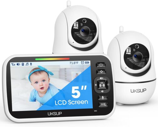 Baby Monitor with 2 Cameras and Audio - 5” Display Video Baby Monitor with 30 Hours Battery Life, Remote Pan & Tilt, 2X Zoom,Auto Night Vision, 2 Way Talk, Temperature Sensor,Lullabies,960 Feet Range