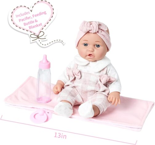 12'' Baby Doll in Gift Box with Pink Cloths, Pacifier, 13''x13'' Microfabric Blanket, and Feeding Bottle. Gift Idea for Ages 3+ - Image 3