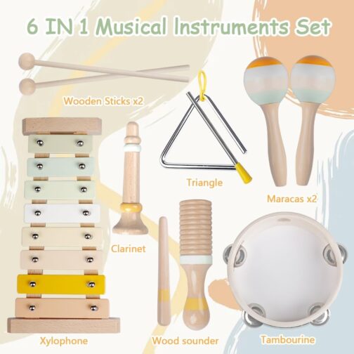 Baby Musical Instruments-Montessori Wooden Toys for Toddlers 1-3,Neutral Colors Percussion Instruments Set with Modern Boho Xylophone for Kids Preschool Educational 3+ (MIS898) - Image 2