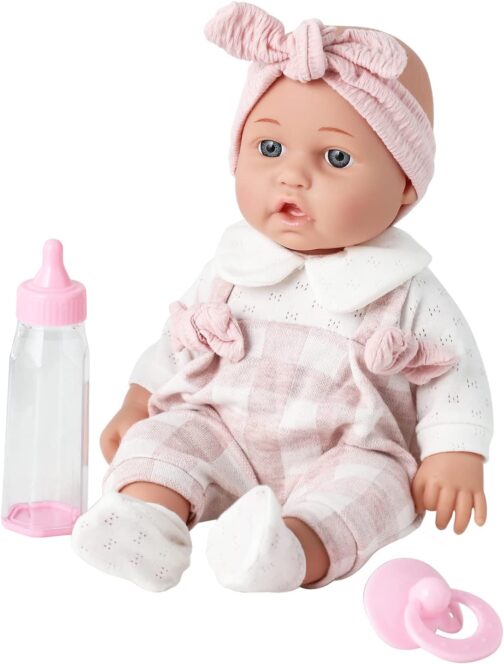 12'' Baby Doll in Gift Box with Pink Cloths, Pacifier, 13''x13'' Microfabric Blanket, and Feeding Bottle. Gift Idea for Ages 3+ - Image 7