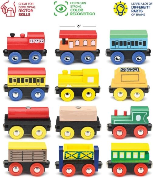 Wooden Train Set 12 PCS - Train Toys Magnetic Set Includes 3 Engines - Toy Train Sets For Kids Toddler Boys And Girls - Compatible With All Major Brands - Original - By Play22 - Image 5