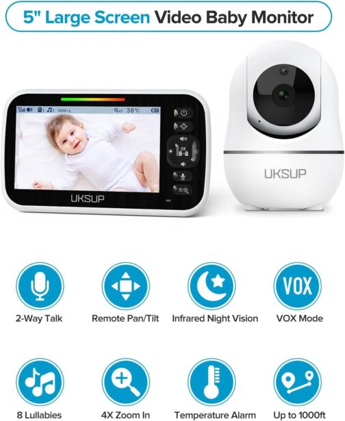 Baby Monitor with 2 Cameras and Audio - 5” Display Video Baby Monitor with 30 Hours Battery Life, Remote Pan & Tilt, 2X Zoom,Auto Night Vision, 2 Way Talk, Temperature Sensor,Lullabies,960 Feet Range - Image 2