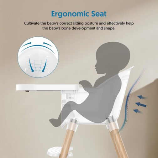 Bellababy Baby High Chair, Classic Wooden Baby High Chair for Babies & Toddlers, 5-Point Harness, Removable Tray, Ergonomic Seat Back, Easy to Assemble and clean, Lightweight, White - Image 4