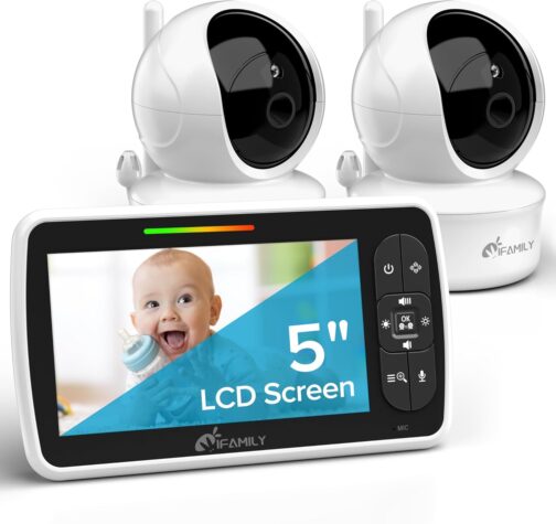 iFamily Baby Monitor with 2 Cameras and Audio - Large 5" Screen with 30Hrs Battery Life - Remote Pan-Tilt-Zoom,No WiFi, Two-Way Audio, Night Vision, Temperature, Lullabies, 960ft Long Range