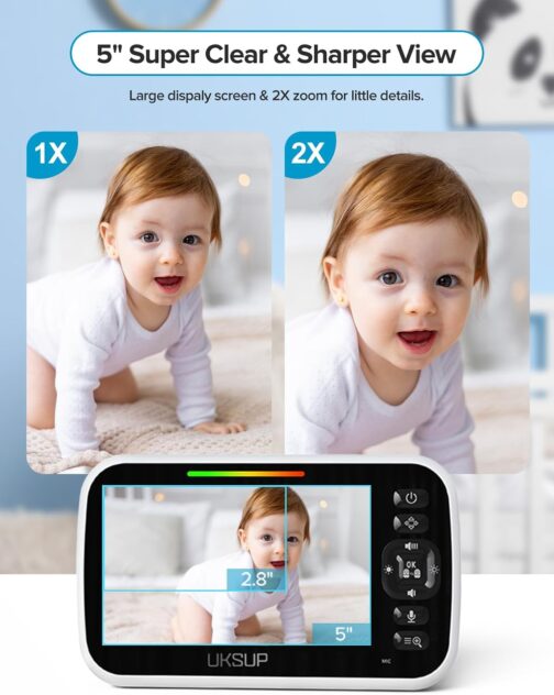 Baby Monitor with 2 Cameras and Audio - 5” Display Video Baby Monitor with 30 Hours Battery Life, Remote Pan & Tilt, 2X Zoom,Auto Night Vision, 2 Way Talk, Temperature Sensor,Lullabies,960 Feet Range - Image 4