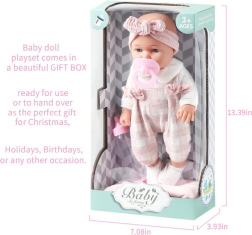 12'' Baby Doll in Gift Box with Pink Cloths, Pacifier, 13''x13'' Microfabric Blanket, and Feeding Bottle. Gift Idea for Ages 3+ - Image 5