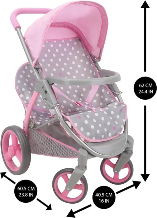 509 Crew Cotton Candy Pink: Twin Tandem Doll Stroller - Pink, Grey, Polka Dot - Dolls Up to 18", Holds 2 Dolls, Foldable, Kids Pretend Play, Ages 3+ - Image 3