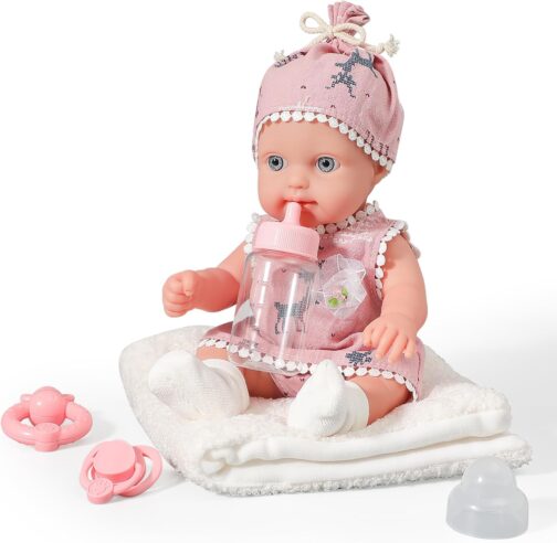 12in Baby Doll Toys for 2 + Year Old Girl Gift Box with delicately Dressed Doll Bottle Rattle Pacifier and a Blanket