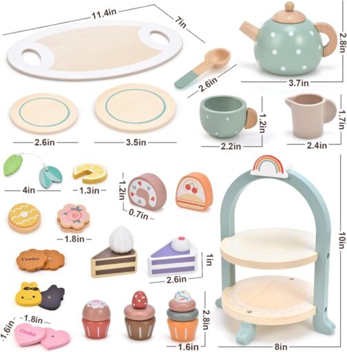 Atoylink Wooden Tea Party Set for Little Girls 28 Pcs Toddler Tea Set with Cupcake Stand & Food Pretend Play Accessories Kids Kitchen Playset Wooden Toys for 2 3 4 5 6 Year Old Girl Birthday Gift - Image 3