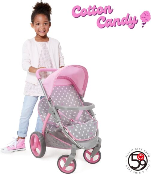 509 Crew Cotton Candy Pink: Twin Tandem Doll Stroller - Pink, Grey, Polka Dot - Dolls Up to 18", Holds 2 Dolls, Foldable, Kids Pretend Play, Ages 3+ - Image 6