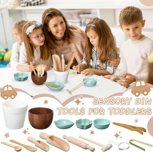 14pcs Sensory Bin Tool Sensory Tools for Boys and Girls Sensory Bin Toys Wooden Tong Spoons Bowls Plate Hammer Magnifying Glass and Rolling Pin for Transfer Work and Fine Motor Learning - Image 4