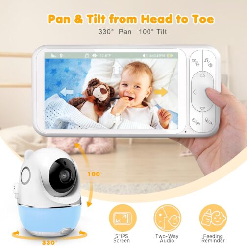 Baby Monitor with Camera and Audio, Baby Monitor No Wifi w/1200ft Range, 5" 1080P Screen Video Baby Monitor with 5000mAh Battery, Remote Pan-Tilt-Zoom, Night Vision, VOX, 2-Way Talk, 8 Lullabies - Image 3