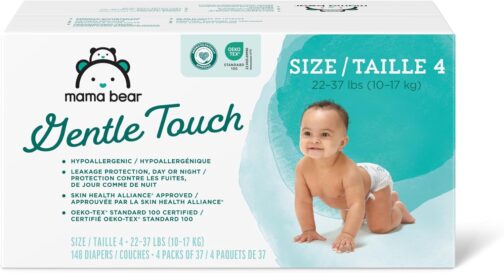 Amazon Brand - Mama Bear Gentle Touch Diapers, Hypoallergenic, Size 4, 148 Count, 4 Packs of 37, White