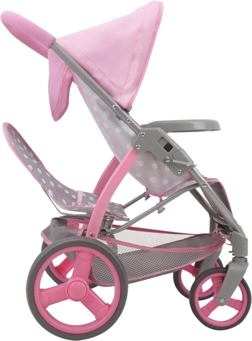 509 Crew Cotton Candy Pink: Twin Tandem Doll Stroller - Pink, Grey, Polka Dot - Dolls Up to 18", Holds 2 Dolls, Foldable, Kids Pretend Play, Ages 3+ - Image 4