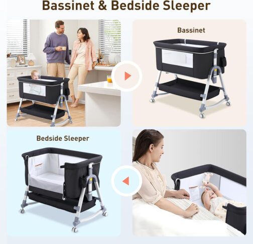 4 in 1 Bedside Bassinet for Baby, Portable Baby Bassinet with Wheels, Baby Crib with Changing Station, Mattress Included and Storage, Foldable Travel Bassinet for Baby/Infant/Newborn- Black - Image 4