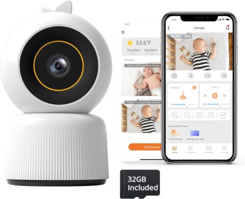 Smart Baby Monitor with Camera and Audio including 32GB TF Card,2K HD Secure WiFi Smartphone Baby Monitors with App, 2-Way Talk, Super Night Vision, Humidity & Temperature Sensor, Cry Detection