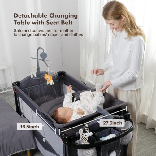 5 in 1 Baby Bassinet Bedside Sleeper, Pack and Play Bassinet with Diaper Changer and Waterproof Sheet, Mattress,Music,Folding Portable Playards from Newborn to Toddler,Grey - Image 4