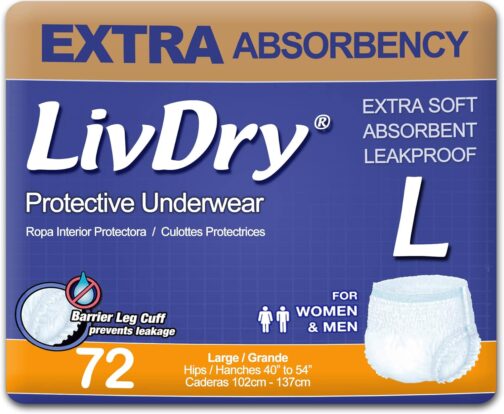 LivDry Adult Incontinence Underwear, Extra Absorbency Adult Diapers, Leak Protection, Large, 72-Pack