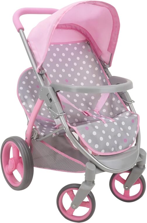 509 Crew Cotton Candy Pink: Twin Tandem Doll Stroller - Pink, Grey, Polka Dot - Dolls Up to 18", Holds 2 Dolls, Foldable, Kids Pretend Play, Ages 3+