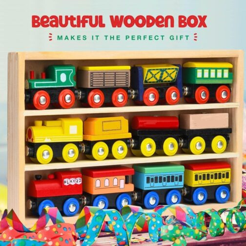 Wooden Train Set 12 PCS - Train Toys Magnetic Set Includes 3 Engines - Toy Train Sets For Kids Toddler Boys And Girls - Compatible With All Major Brands - Original - By Play22 - Image 6