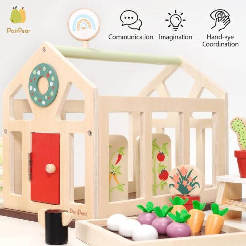 PairPear Flower Garden Toy Greenhouse Playset,Toddlers Wooden Toys Dollhouse Garden Toys,Pretend Play Food Set for Girls Boys 3 Years and Up - Image 6