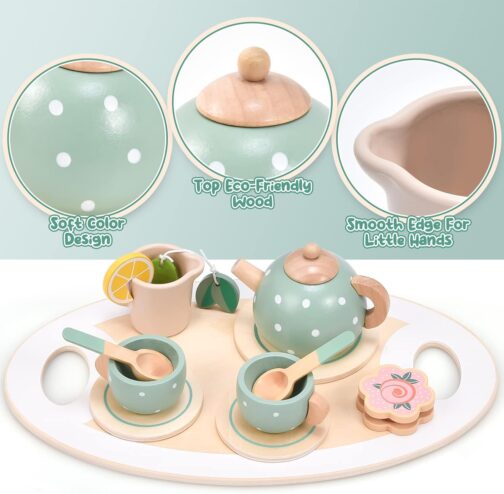 Atoylink Wooden Tea Party Set for Little Girls 28 Pcs Toddler Tea Set with Cupcake Stand & Food Pretend Play Accessories Kids Kitchen Playset Wooden Toys for 2 3 4 5 6 Year Old Girl Birthday Gift - Image 4