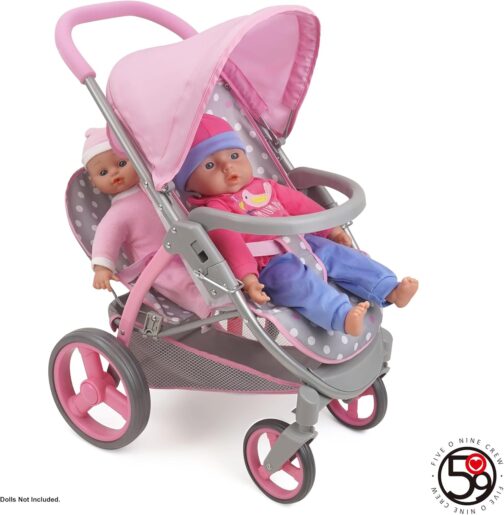 509 Crew Cotton Candy Pink: Twin Tandem Doll Stroller - Pink, Grey, Polka Dot - Dolls Up to 18", Holds 2 Dolls, Foldable, Kids Pretend Play, Ages 3+ - Image 5