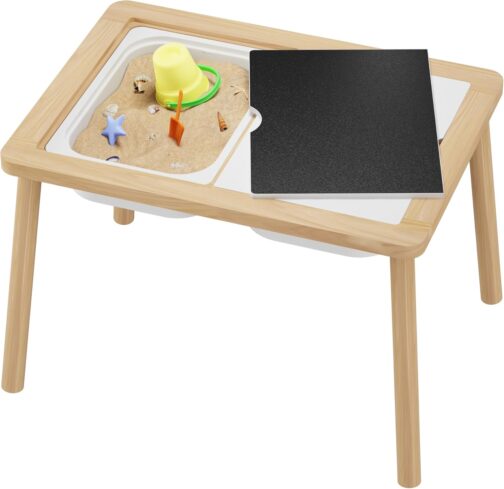 Sensory Table, Kids Activity Table, Wooden Play Table with Bins, Montessori Table, Chalk Board and Whiteboard