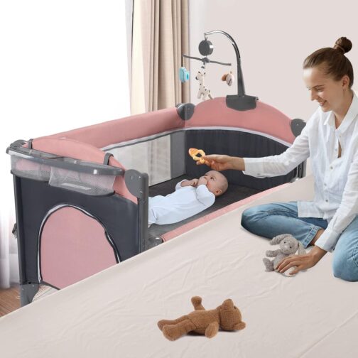 5 in 1 Baby Crib, Bedside Cribs, Pack and Play with Bassinet and Changing Table, Portable Travel Baby Playpen with Toys & Music Box,Mattress for Girl Boy Infant Newborn (Pink)