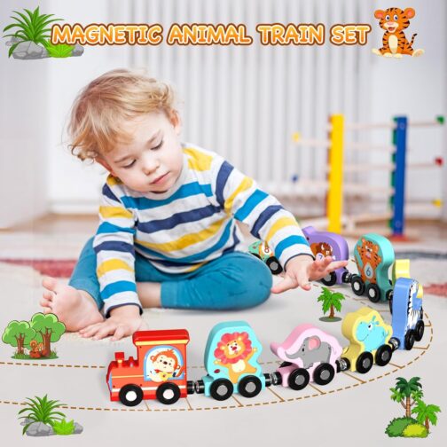 Toys for Toddlers, 11 Magnetic Wooden Animals Train Set, Montessori Toys for Toddlers, Preschool Learning Activities for Kids, Birthday Gifts for Boys, Girls - Image 2