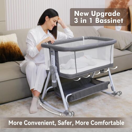 Baby Bassinet,3 in 1 Baby Bassinets Bedside Sleeper with Musical Toy,Bedside Cribs with Storage Basket and Wheels,7 Height Adjustable Easy Folding Bassinet,Safe Co-Sleeping Crib(Grey 0-6Months) - Image 3