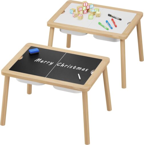 Sensory Table, Kids Activity Table, Wooden Play Table with Bins, Montessori Table, Chalk Board and Whiteboard - Image 4