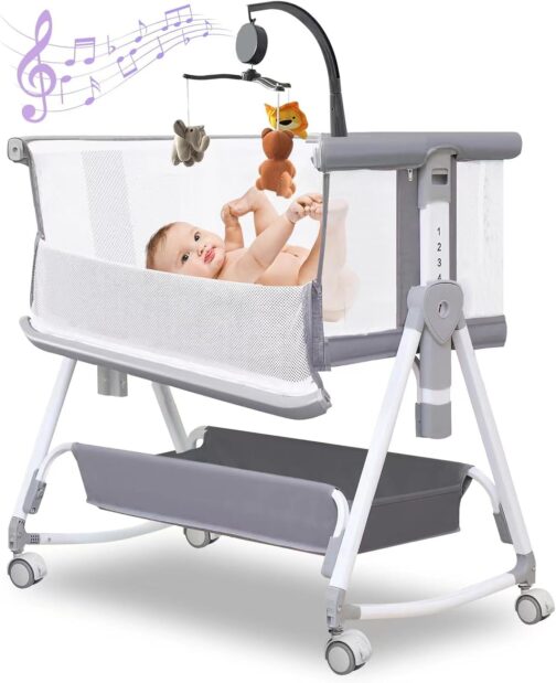 Baby Bassinet,3 in 1 Baby Bassinets Bedside Sleeper with Musical Toy,Bedside Cribs with Storage Basket and Wheels,7 Height Adjustable Easy Folding Bassinet,Safe Co-Sleeping Crib(Grey 0-6Months)