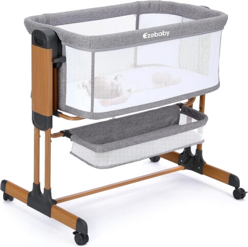 Ezebaby Baby Bassinet, Rocking Bassinet for Baby, Bedside Bassinet with Wheels, Storage Basket, Adjustable 7 Heights and All Mesh Sides, Portable Baby Bassinets Bedside Sleeper for Newborn Infant