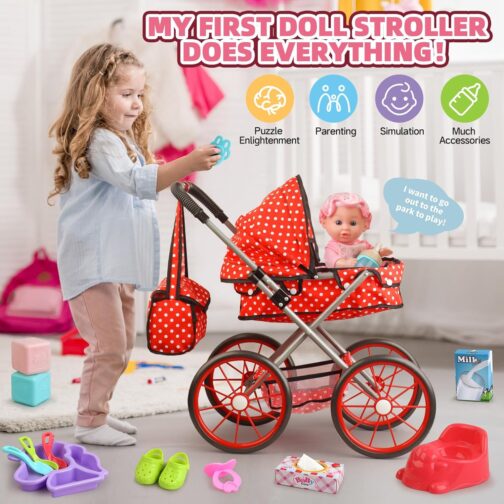 Baby Doll Stroller Toys Set with 12 inch Doll,12" Baby Doll Set with 20 PCS Doll Accessories and 2 Sets Doll Clothes for Realistic Pretend Play,Baby Stroller Toys for Girls Toddlers 3-5 4-6 - Image 2