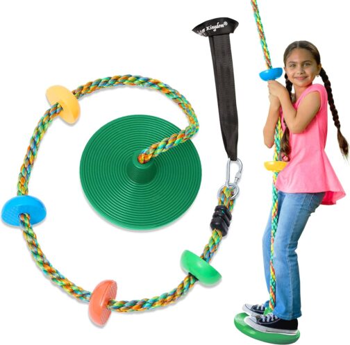 Jungle Gym Kingdom Tree Swing for Kids - Single Disc Seat and Rainbow Climbing Rope Set w/Carabiner and 4 Foot Strap - Treehouse and Outdoor Playground Accessories - Green