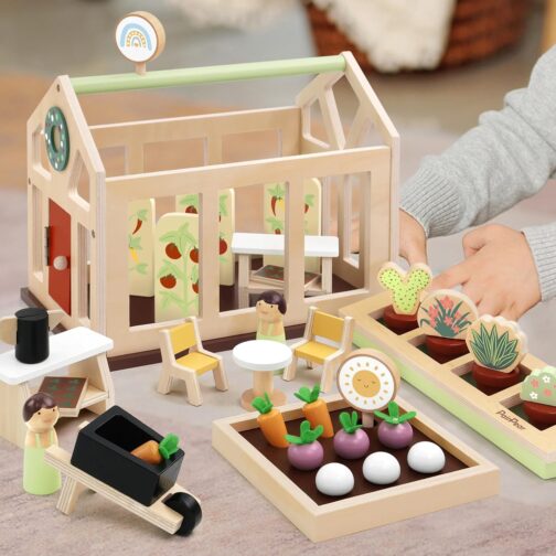 PairPear Flower Garden Toy Greenhouse Playset,Toddlers Wooden Toys Dollhouse Garden Toys,Pretend Play Food Set for Girls Boys 3 Years and Up - Image 7