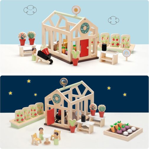 PairPear Flower Garden Toy Greenhouse Playset,Toddlers Wooden Toys Dollhouse Garden Toys,Pretend Play Food Set for Girls Boys 3 Years and Up - Image 2