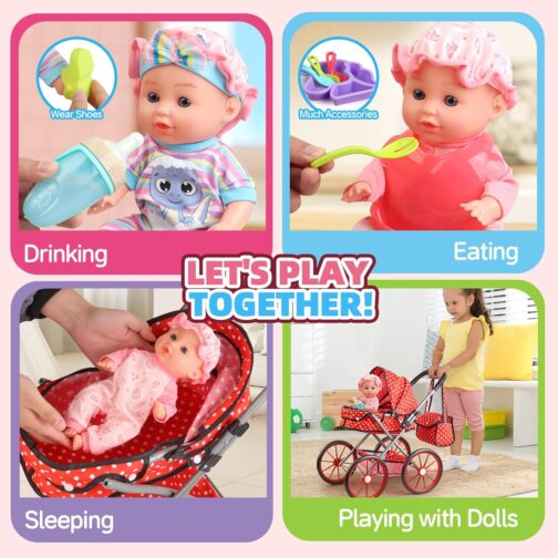 Baby Doll Stroller Toys Set with 12 inch Doll,12" Baby Doll Set with 20 PCS Doll Accessories and 2 Sets Doll Clothes for Realistic Pretend Play,Baby Stroller Toys for Girls Toddlers 3-5 4-6 - Image 6