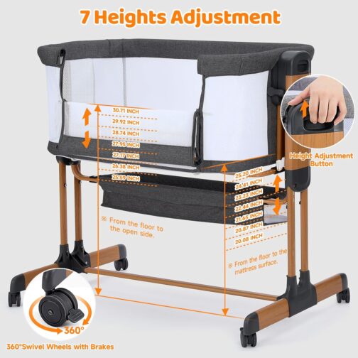 Ezebaby Baby Bassinet, Rocking Bassinet for Baby, Bedside Bassinet with Wheels, Storage Basket, Adjustable 7 Heights and All Mesh Sides, Portable Baby Bassinets Bedside Sleeper for Newborn Infant - Image 4