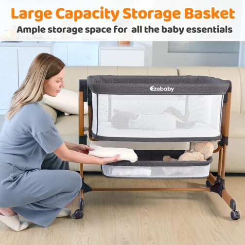 Ezebaby Baby Bassinet, Rocking Bassinet for Baby, Bedside Bassinet with Wheels, Storage Basket, Adjustable 7 Heights and All Mesh Sides, Portable Baby Bassinets Bedside Sleeper for Newborn Infant - Image 5