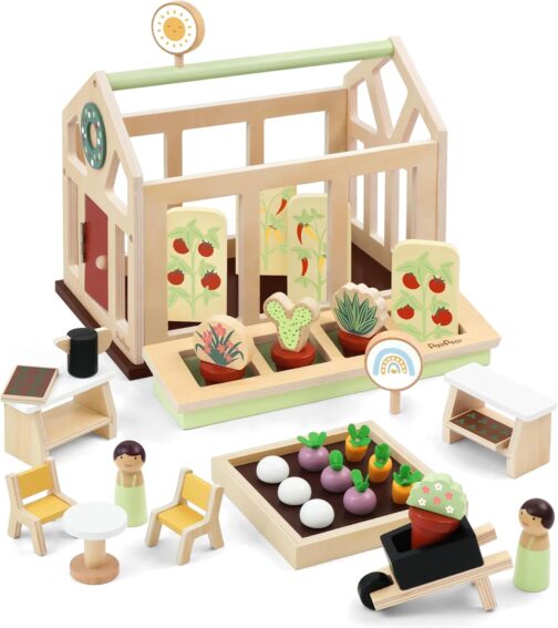 PairPear Flower Garden Toy Greenhouse Playset,Toddlers Wooden Toys Dollhouse Garden Toys,Pretend Play Food Set for Girls Boys 3 Years and Up